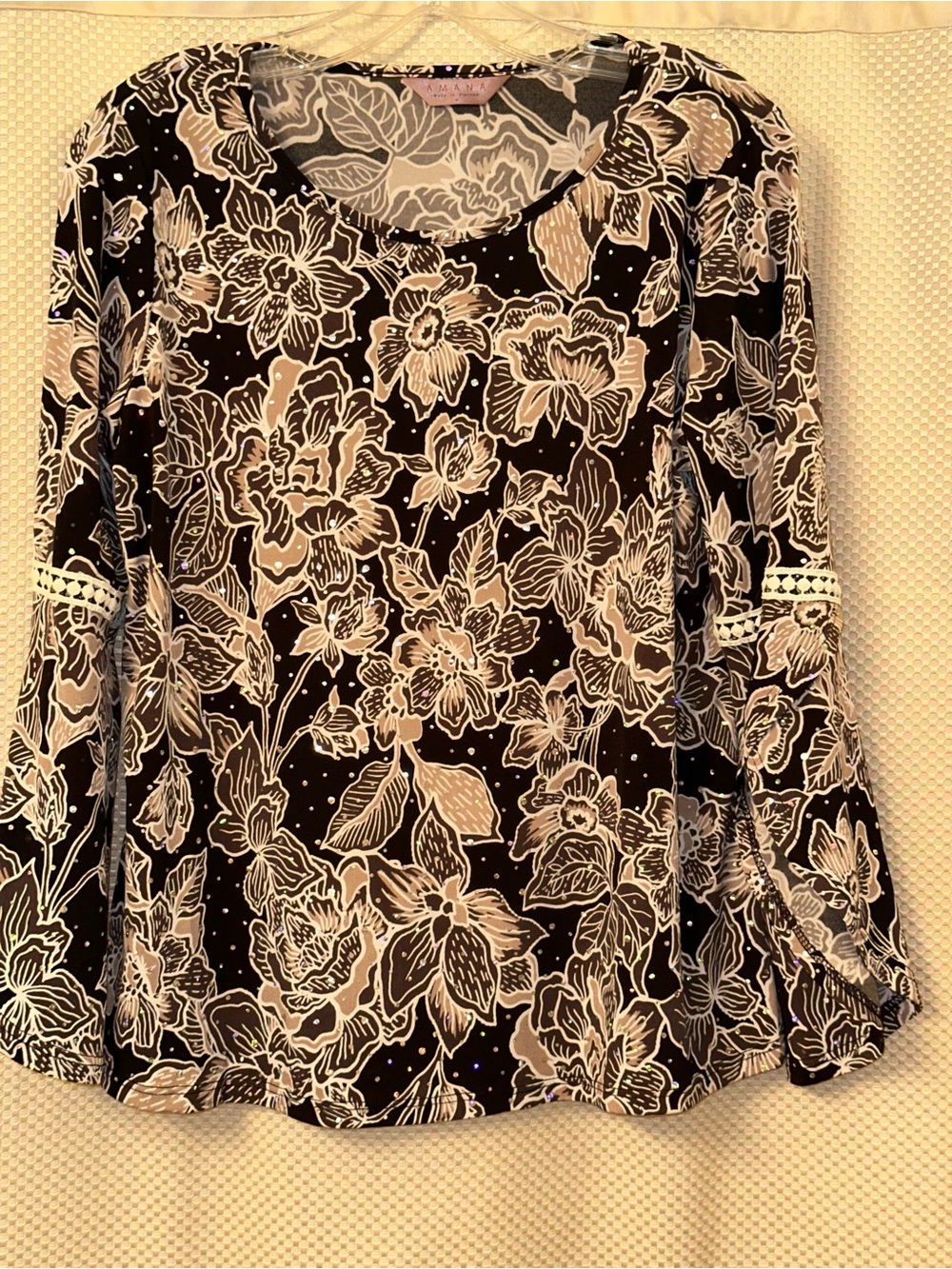 AMANA Black Top with Cream Floral Print — Long Sleeve